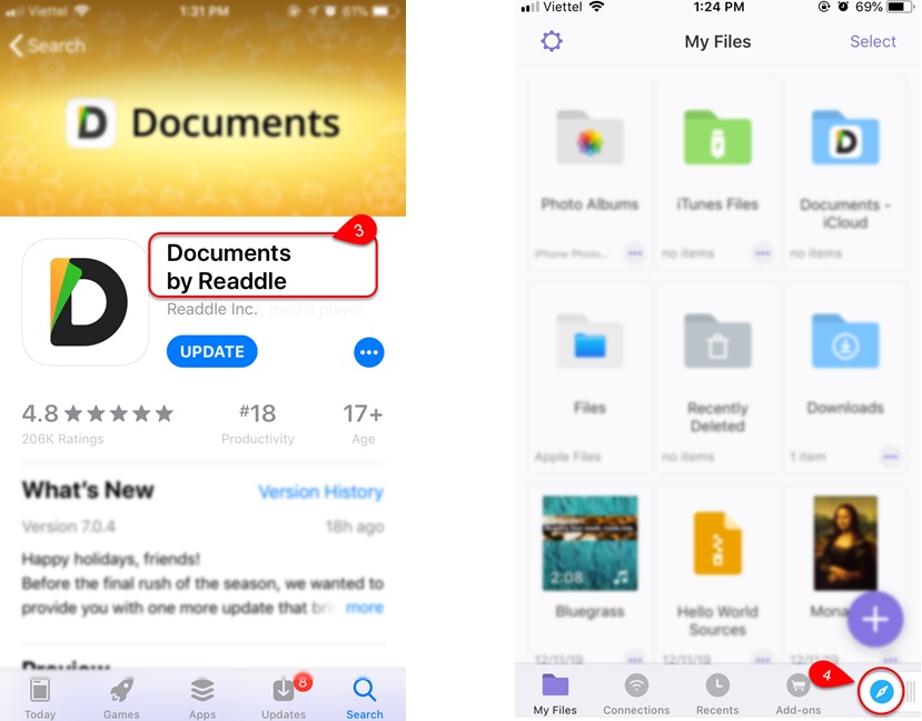 Tải app Documents by Readdle và nhấn vào icon trình duyệt