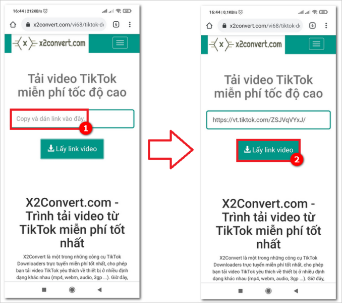 Dán link video Tiktok cần tải và nhấn nút Lấy link video trên X2convert